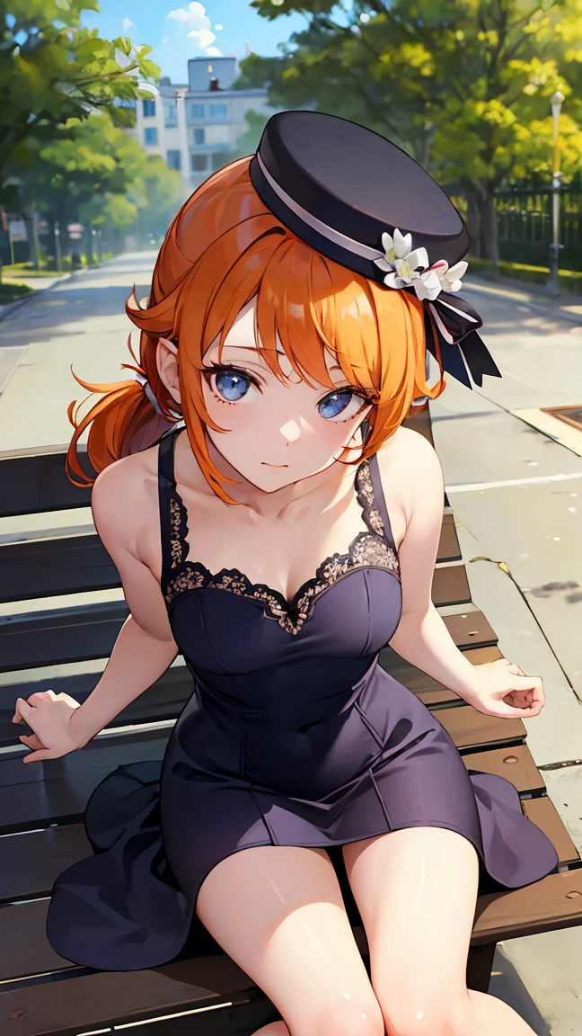 ((masterpiece)), ((best quality)), perfect detailed eyes, perfect detailed face, ultra-detailed nose, orange hair, sidelocks, ponytail, Summer sunshine, sitting on a park bench, one-piece dress, (Boater hat), (Holding knees), kneeling, wearing sandals