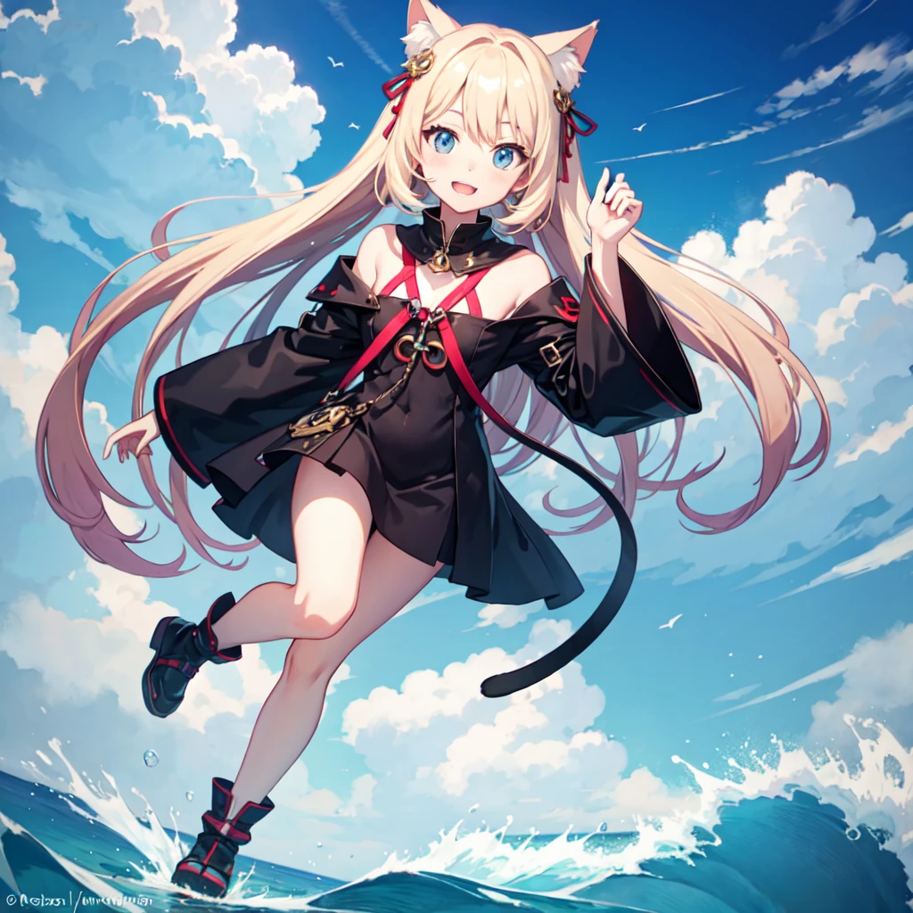 ((Highest quality)),
Fashionable girl anime Head and body elevation Full body outfit Cat ears Mine system Black Mask Playing in the sea