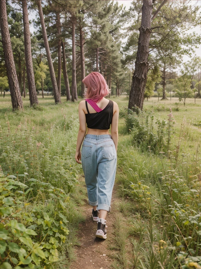 girl 21 years old, short shoulder-length hair, pink hair color,