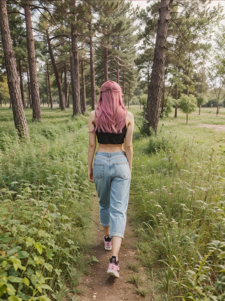 girl 21 years old, short shoulder-length hair, pink hair color, 