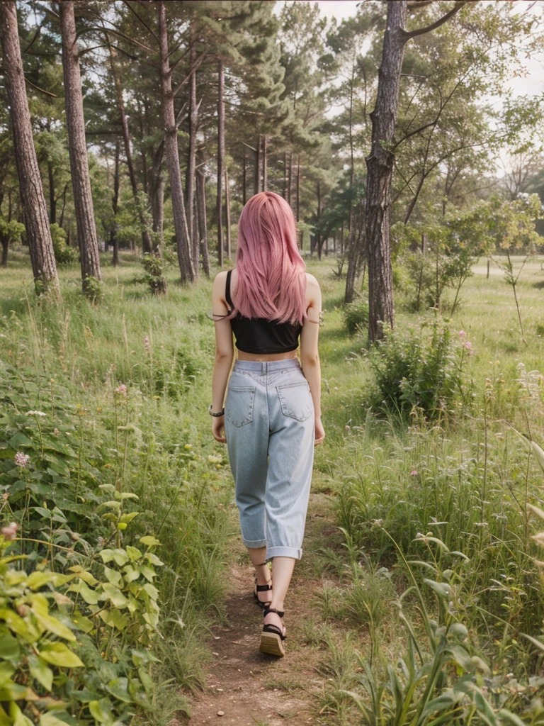 girl 21 years old, short shoulder-length hair, pink hair color,