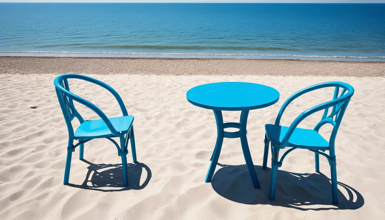 Photo on the beach at the seaside.Minimalist style leisure table and chairs.Two cups of coffee.Afternoon light and shadow.Beautiful seascape with blue sky and blue sea.leisurely leisure time.Clear, bright, free and romantic