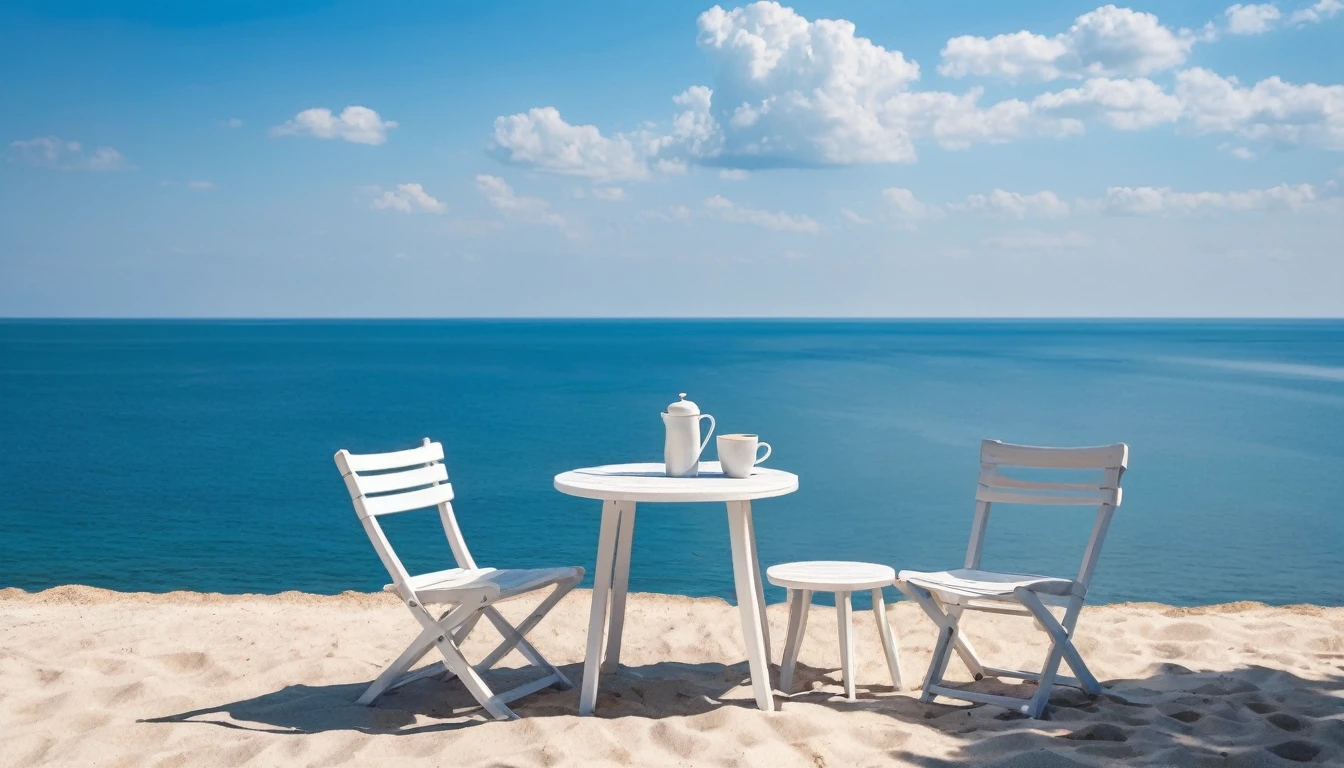Photo on the beach at the seaside.Minimalist style leisure table and chairs.Two cups of coffee.Afternoon light and shadow.Beautiful seascape with blue sky and blue sea.leisurely leisure time.Clear, bright, free and romantic