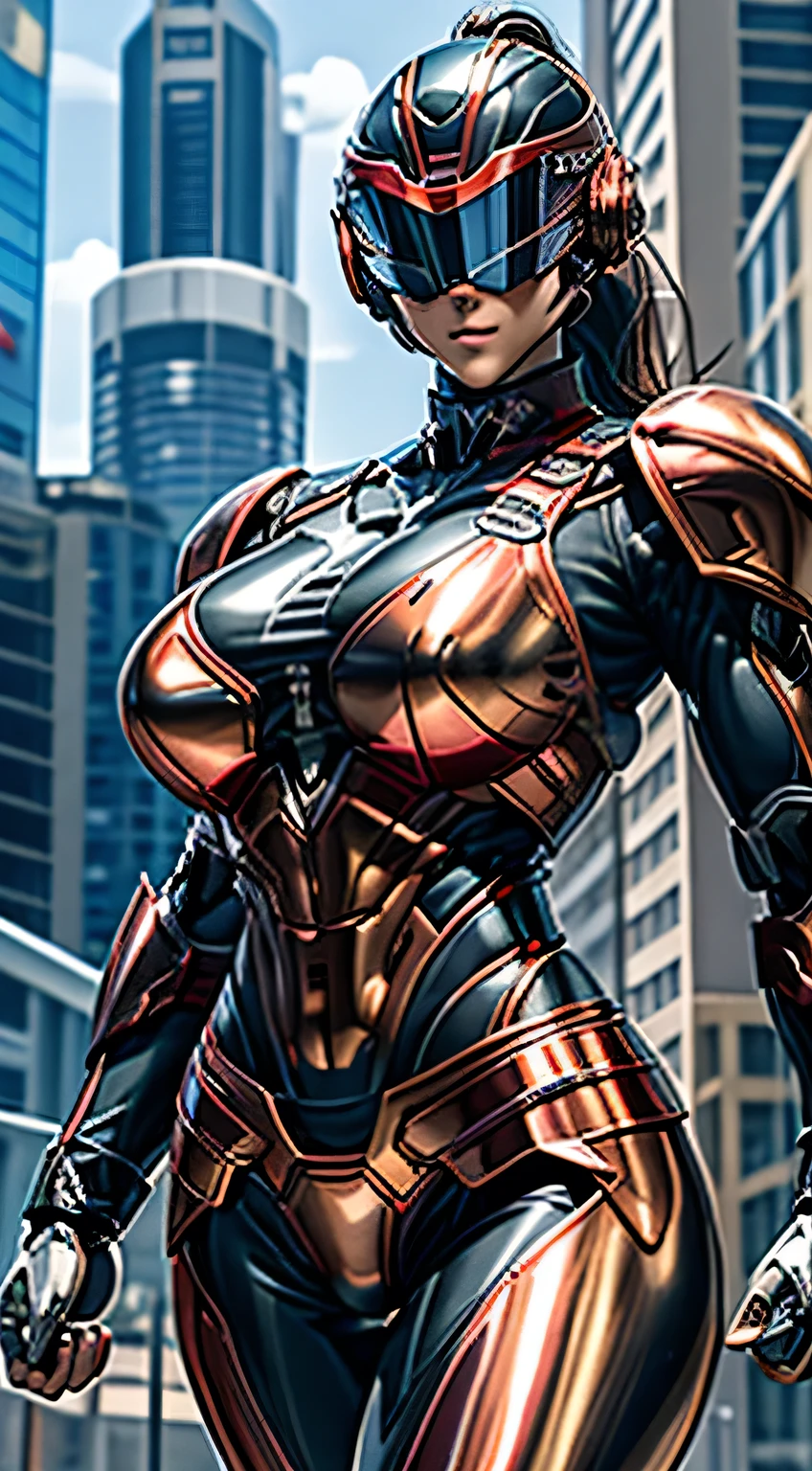Female Robocop Solo、Bright outdoors、strong light source、8k, high quality, masterpiece, 最high quality, Crisp contrast、Very detailed、Full body armor、Very large armor、Helmet covering the head、Clear photos、The eyes are hidden by thin, translucent straight goggles.:1.3、The lower half of the face is raw々Shii:1.5、The lower half of the face is exposed、Seductive lips、Vivid red metallic armor、Black accent color、Armor that completely covers the chest、Long, slender legs、Vibrant Posselo Body View,Big and ample breasts:1.5, (Sports Body:1.5)、Five Fingers、Hold a handgun、In the city