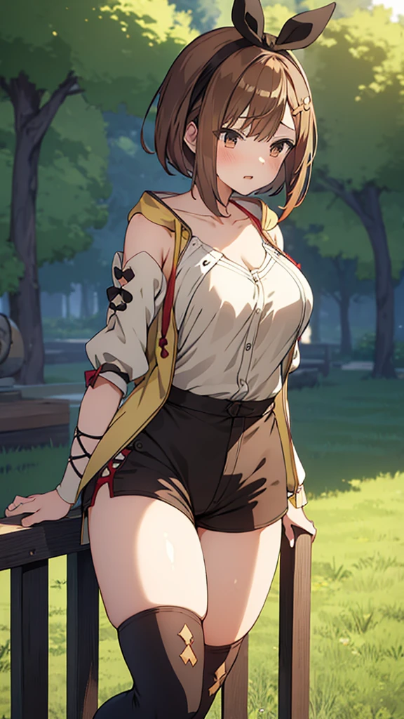masterpiece,hentai, Naked Girls,favorite,Bounce and shake wildly,, 32K,Super detailed,Ultra-detailed,Vibrant breasts, Short brown hair, shirt, Shorts, Black knee socks, Ryza outfit, loungewear, {{A biological weapon that preyed on the sleeping Ryza and transformed into her appearance, Big bouncing}}, Overall view, Town, NSFW