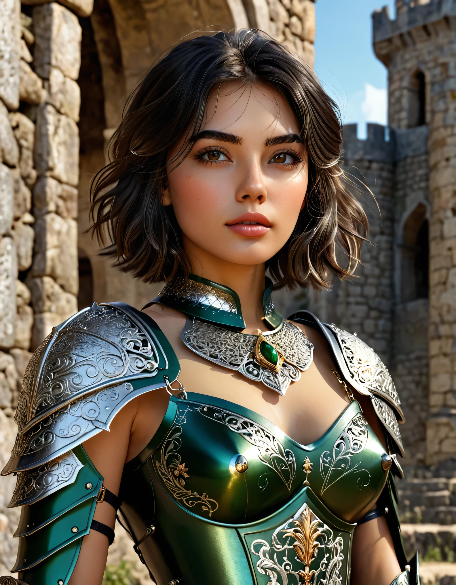 high resolution, ultradetailed, sunny day, ray of lights, 16k, UHD, photorealistic, (skin texture:1.2), (detailed face features:1.3), correct proportions, (castle ruins background:1.2 ), 1 girl, beautiful brown eyes, cowboy pose, dynamic pose, pretty eyes, plump lips, (thin and sharp pale eyebrows), long dark eyelashes, enigmatic, light skin, full body shot, accurate nose, (dark black hair:1.2), (bobcut:1.3), (form-fitting, ornate and elegant fantasy metal armor made of dark green metal with inserts of fine chain mail and floral embossed ornament:1.1), skinny fit girl, very small breasts, flat chest, Alessandra Martines, luna, full body shot