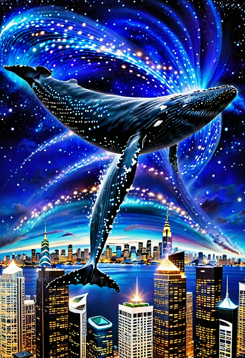 A majestic flying 1whale breaches through the CITY, its massive body gliding effortlessly through a swirl of BUILDINGS and SKY TOWERS. The dark expanse of CITY serves as a dramatic backdrop, with distant galaxies and nebulas illuminating the whale's ethereal form. The camera captures the whale's effortless flight from a unique vantage point, showcasing the celestial wonder in a sweeping motion.