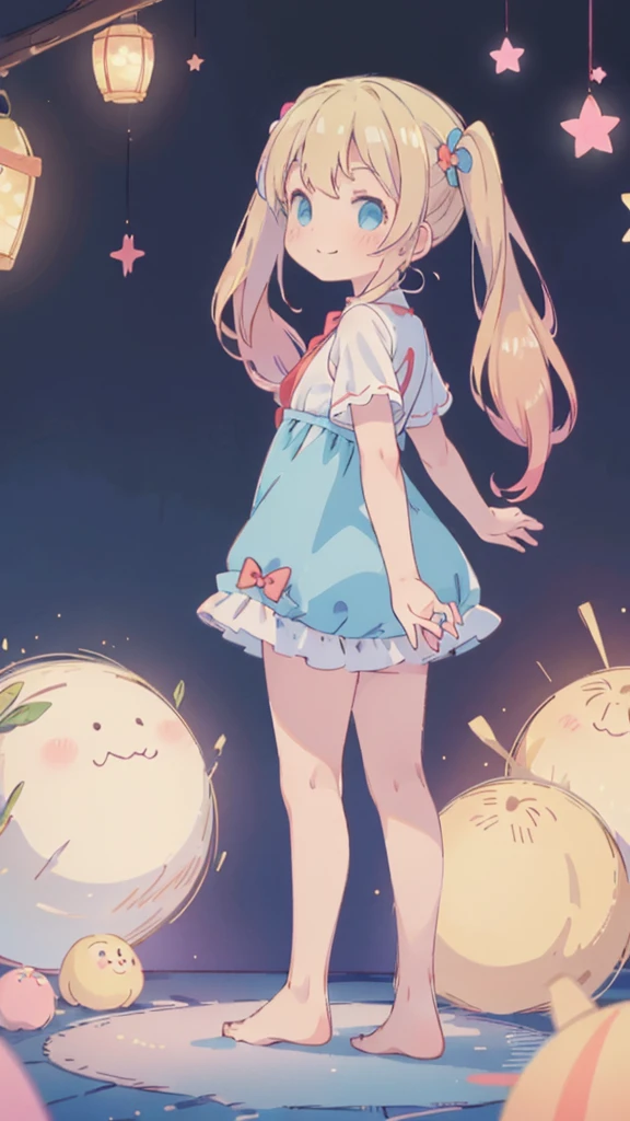 ((masterpiece))((Highest quality))girl、Smirk、blush、Flat Chest、Are thin、Blonde Hair、blush、Are standing、Whole body image、Eye level to the feet、、No background、Blue clothes、Hair is two colors、Twin tails、Red Alice outfit、Look back