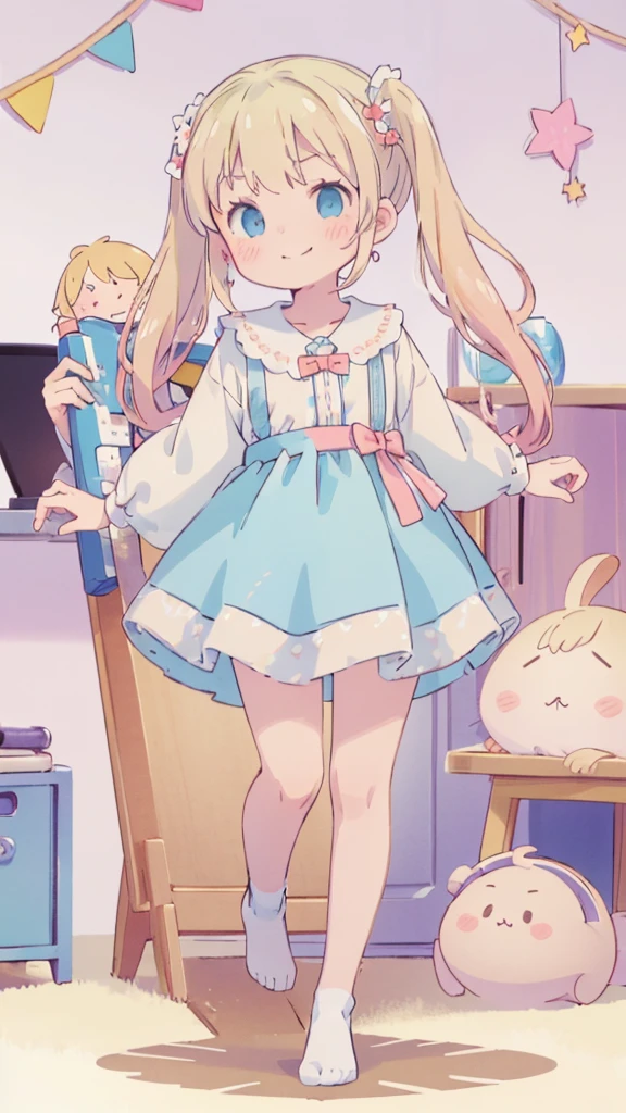 ((masterpiece))((Highest quality))girl、Smirk、blush、Flat Chest、Are thin、Blonde Hair、blush、Are standing、Whole body image、Eye level to the feet、、No background、Blue clothes、Hair is two colors、Twin tails、Red Alice outfit、Look back
