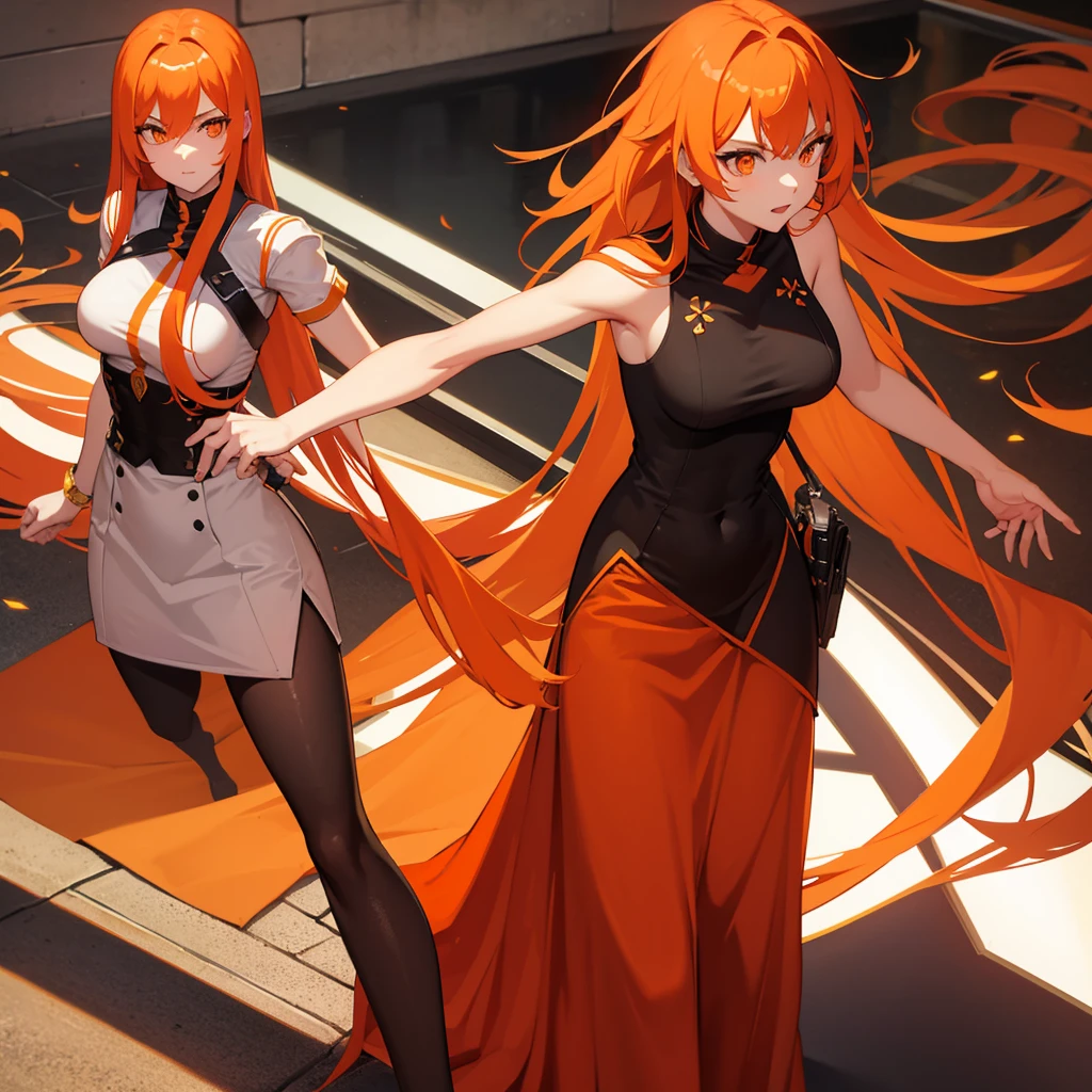 A Tall female with orange eyes and long orange hair in awsome outfit