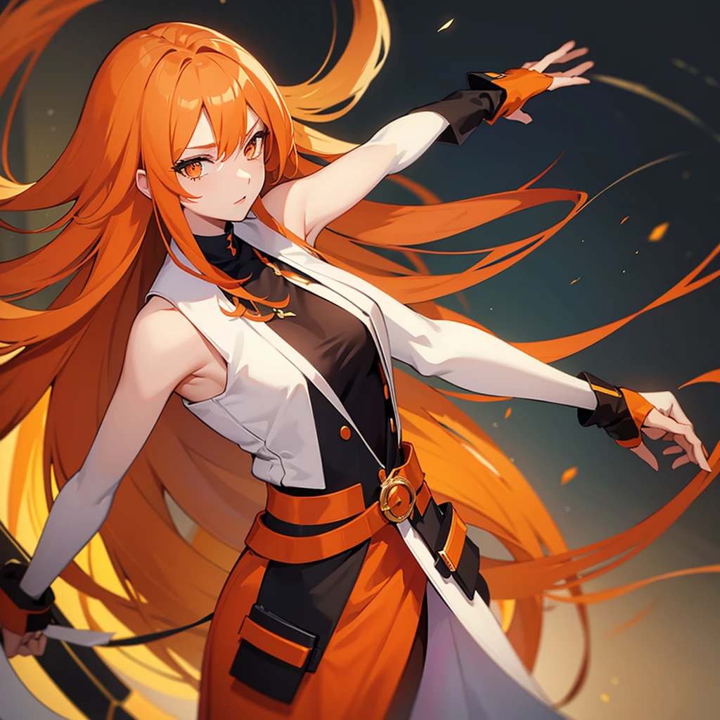 A Tall female with orange eyes and long orange hair in awsome outfit