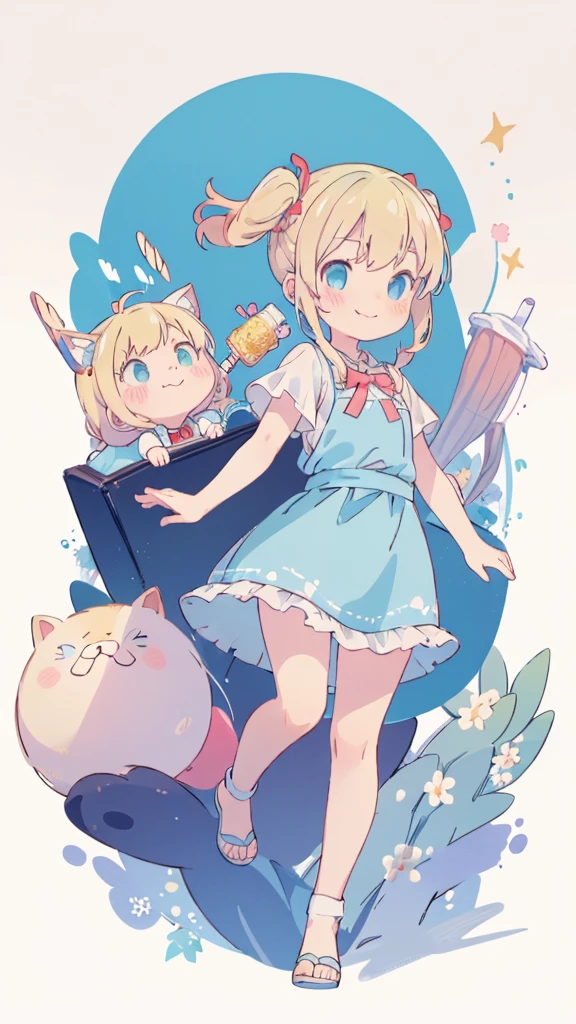 ((masterpiece))((Highest quality))girl、Smirk、blush、Flat Chest、Are thin、Blonde Hair、blush、Are standing、Whole body image、Eye level to the feet、、No background、Blue clothes、Hair is two colors、Twin tails、Red Alice outfit、Look back