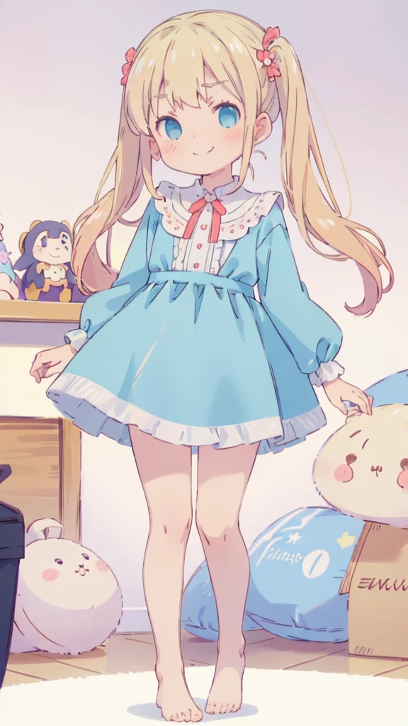 ((masterpiece))((Highest quality))girl、Smirk、blush、Flat Chest、Are thin、Blonde Hair、blush、Are standing、Whole body image、Eye level to the feet、、No background、Blue clothes、Hair is two colors、Twin tails、Red Alice outfit、Look back