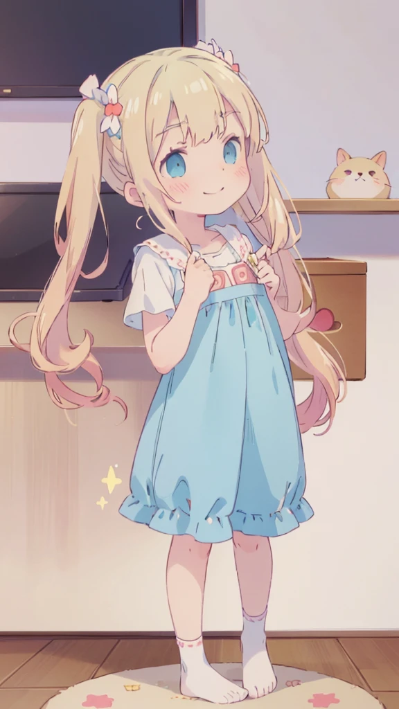 ((masterpiece))((Highest quality))girl、Smirk、blush、Flat Chest、Are thin、Blonde Hair、blush、Are standing、Whole body image、Eye level to the feet、、No background、Blue clothes、Hair is two colors、Twin tails、Red Alice outfit、Look back