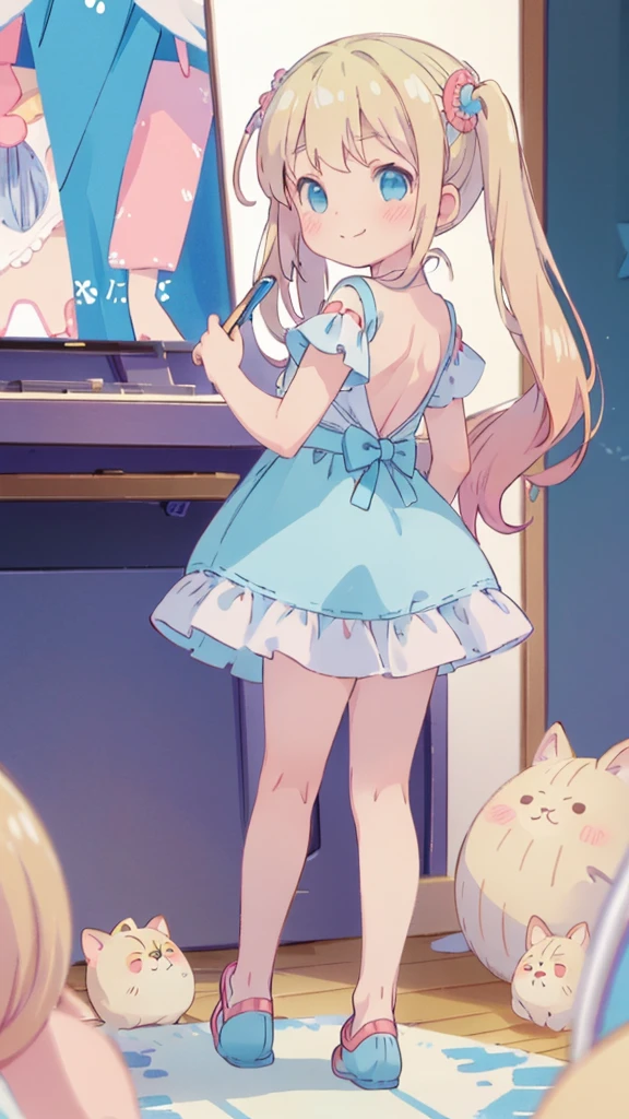 ((masterpiece))((Highest quality))girl、Smirk、blush、Flat Chest、Are thin、Blonde Hair、blush、Are standing、Whole body image、Eye level to the feet、、No background、Blue clothes、Hair is two colors、Twin tails、Red Alice outfit、Look back