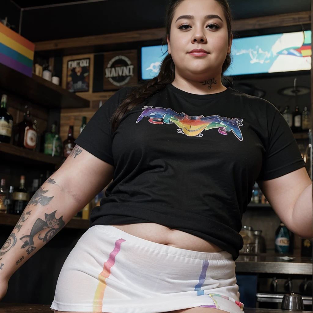 A fat gay woman in a t-shirt with a rainbow drawn on it, full body tattooed, wearing a torn skirt playing the ukulele in a sinister bar