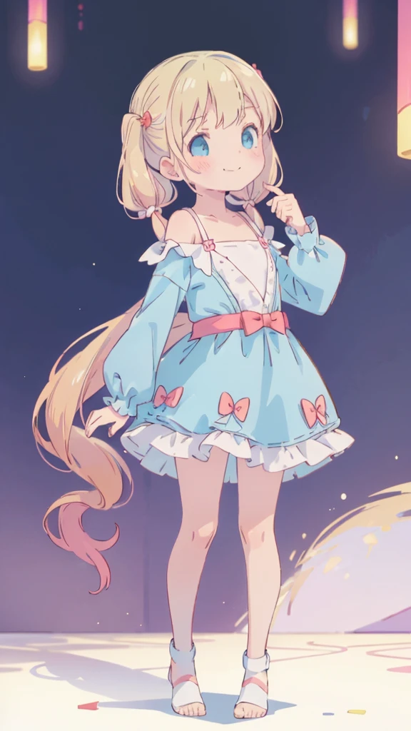 ((masterpiece))((Highest quality))girl、Smirk、blush、Flat Chest、Are thin、Blonde Hair、blush、Are standing、Whole body image、Eye level to the feet、、No background、Blue clothes、Hair is two colors、Twin tails、Red Alice outfit、Look back