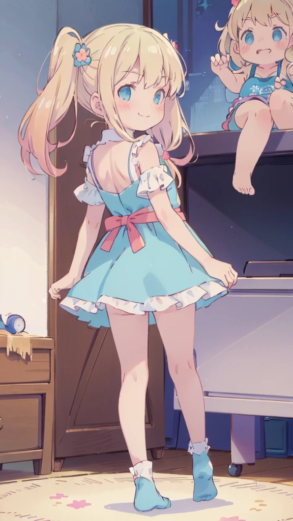((masterpiece))((Highest quality))girl、Smirk、blush、Flat Chest、Are thin、Blonde Hair、blush、Are standing、Whole body image、Eye level to the feet、、No background、Blue clothes、Hair is two colors、Twin tails、Red Alice outfit、Look back