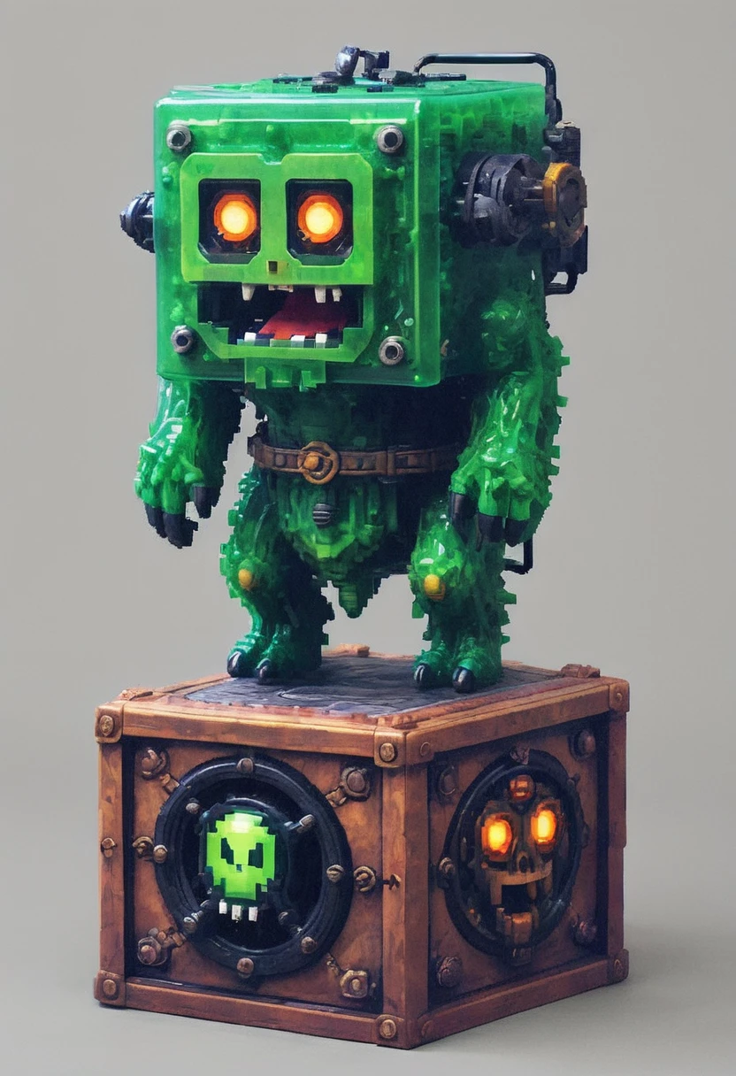 (pixel art, SNES style:1.4) BREAK voxel style cube-shaped monster, (cute cube-shaped transparent gelatinous ooze:1.2) with the surprised eyes is in the catacombs of the ancient temple, glitchpunk style monster, D&D horror