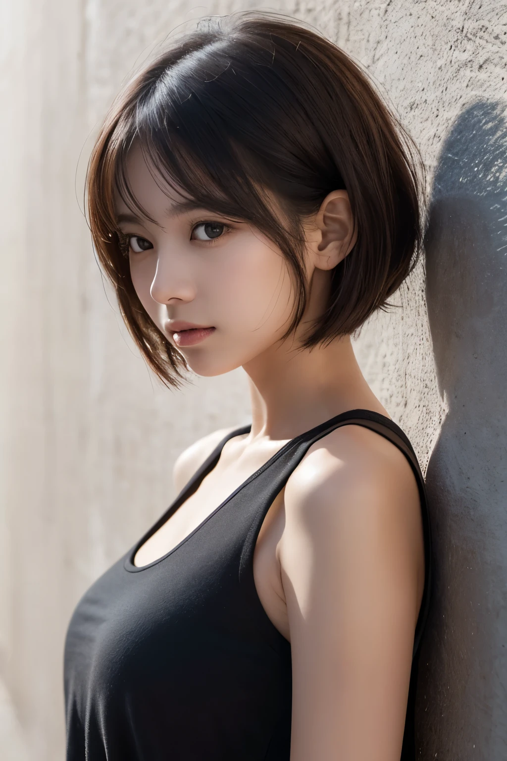 This image contains、It depicts a young woman with short, dark brown hair.。Hair style is a rough layered bob、Her bangs gently frame her face.。Her skin is brighter、Her natural makeup highlights her large, expressive eyes and plump lips.。The woman is wearing a sleeveless grey top.、Her slim shoulders and delicate collarbones are visible.。She is sitting indoors、Slightly leaning against a light-colored wall or panel。This background highlights her outfit and her serene demeanor.。The lighting is natural、It hit from the left side.、The soft shadows gently accentuate her features.。Her expression is calm and somewhat contemplative.、Adds a thoughtful touch to the image。The overall composition is intimate and close-up.、Focusing on her face and upper body、It captures the fine details of the exterior and the subtle interplay of light and shadow.。
