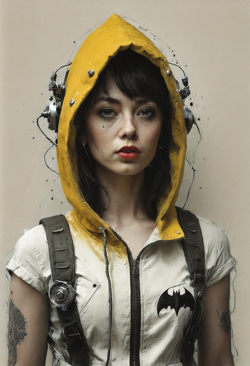 pop art By Conrad Roset and Alberto Vargas, vibrant yellow cyberpunk jacket, solo, batman, mechanical parts, portrait, dark-red liquids, tanktop, looking back, white eyes, monochrome, half face is made of technical parts and wires, large eerie linen hood, atmospheric haze, Film grain, cinematic film still, shallow depth of field, highly detailed, high budget, cinemascope, moody, epic, OverallDetail, 2000s vintage RAW photo, photorealistic, candid camera, color graded cinematic, eye catchlights, atmospheric lighting, imperfections, natural, shallow dof