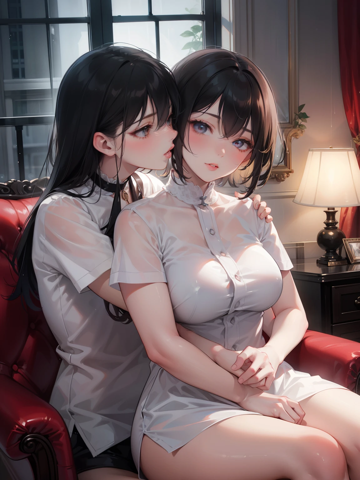 Two lesbians aggressively making out passionately, lips touching, hugging tight, kissing, passionate, erotic, sitting on lap, chair, window, raining outside, night time, dark room, one lamp, warm lighting
