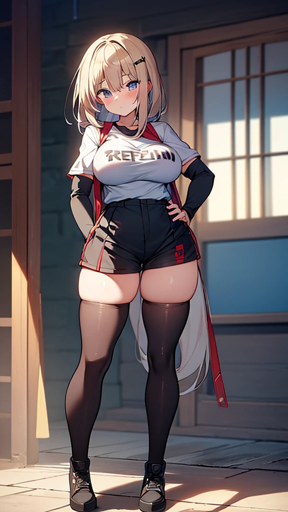 Full body image, front, One girl, 18-year-old, Mix 4, (32K, RAW Photos, Highest quality, masterpiece:1.2), (Anime-like, photoAnime-like:1.37), cute, Short sleeve T-shirt,Shorts,Black knee socks, night, rain, Humidity, Professional Lighting, Photon Mapping, Radio City, Physically Based Rendering, Super Resolution, (Big Breasts:1.2), {{The biological weapon that had preyed on the younger sister took her place and reunited with the older brother, The rebellious little sister has become the obedient little sister}}, Girl Skull, whole body, NSFW