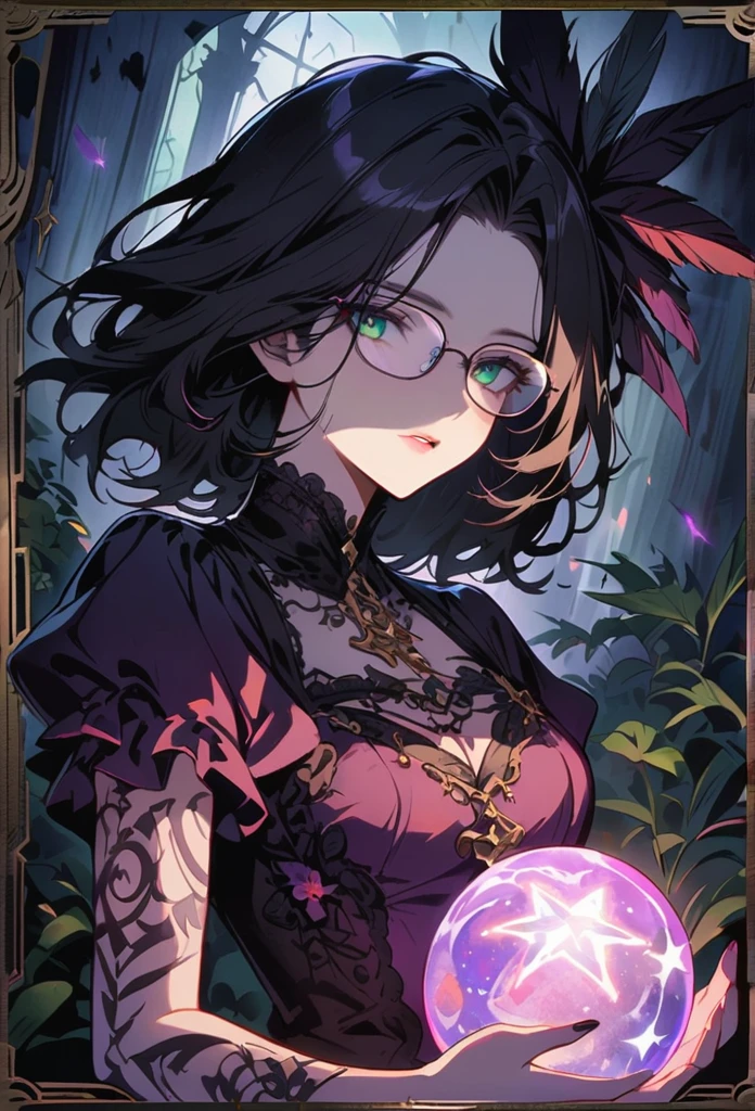 Mysterious astrologer girl,Pale skin,Short black hair fluttering in the wind,Shiny glasses lenses, She held a glowing sphere in her hand,Emerald eyes,Sharp eyes,The strange tattoo on her arm,Crystal Ball,Thunder and five-pointed star decoration,Tarot,Mysterious symbols,Dramatic Lighting,Gothic,Purple lace dress,Gorgeous jewelry,Feather hair accessories, Dark and scary atmosphere,