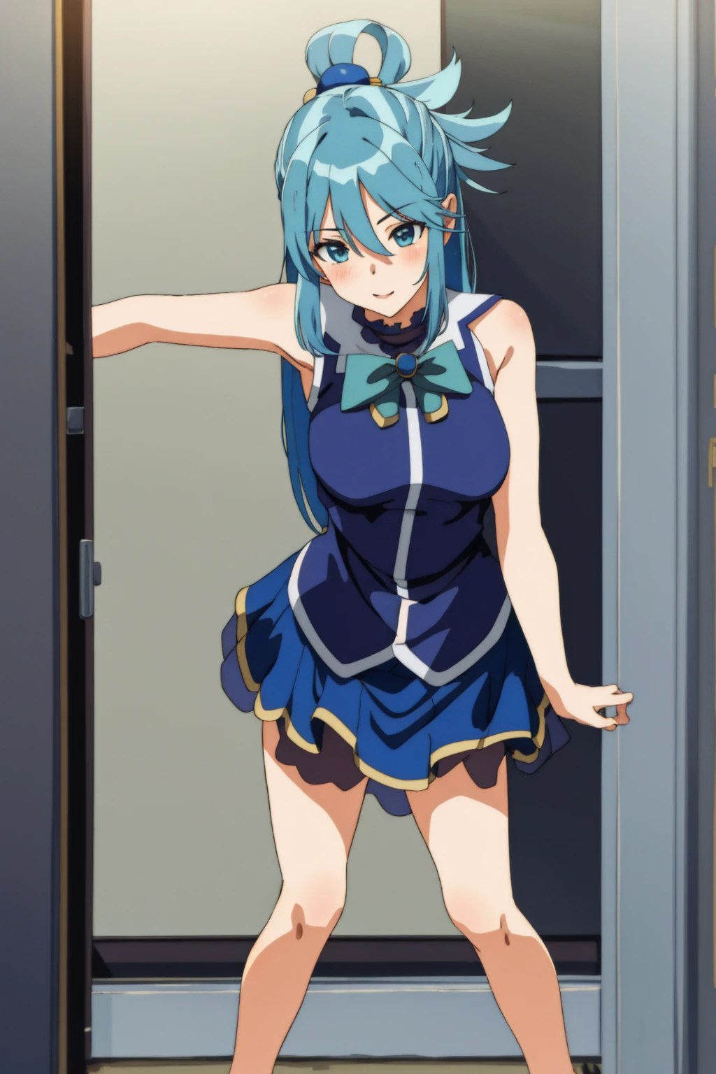 aqua, masterpiece, 1girl, wearing skirt , Standing Backwards , Bent down , sexy , aqua