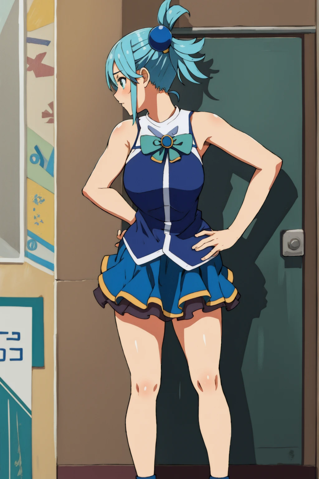 aqua, masterpiece, 1girl, wearing skirt , Standing Backwards , Bent down , sexy , aqua