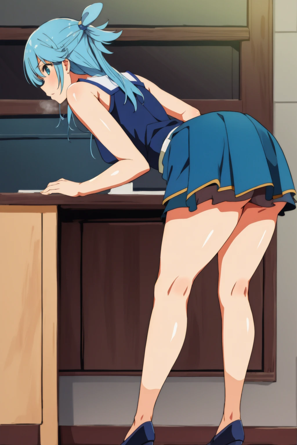 aqua, masterpiece, 1girl, wearing skirt , Standing Backwards , Bent down , sexy , aqua 
