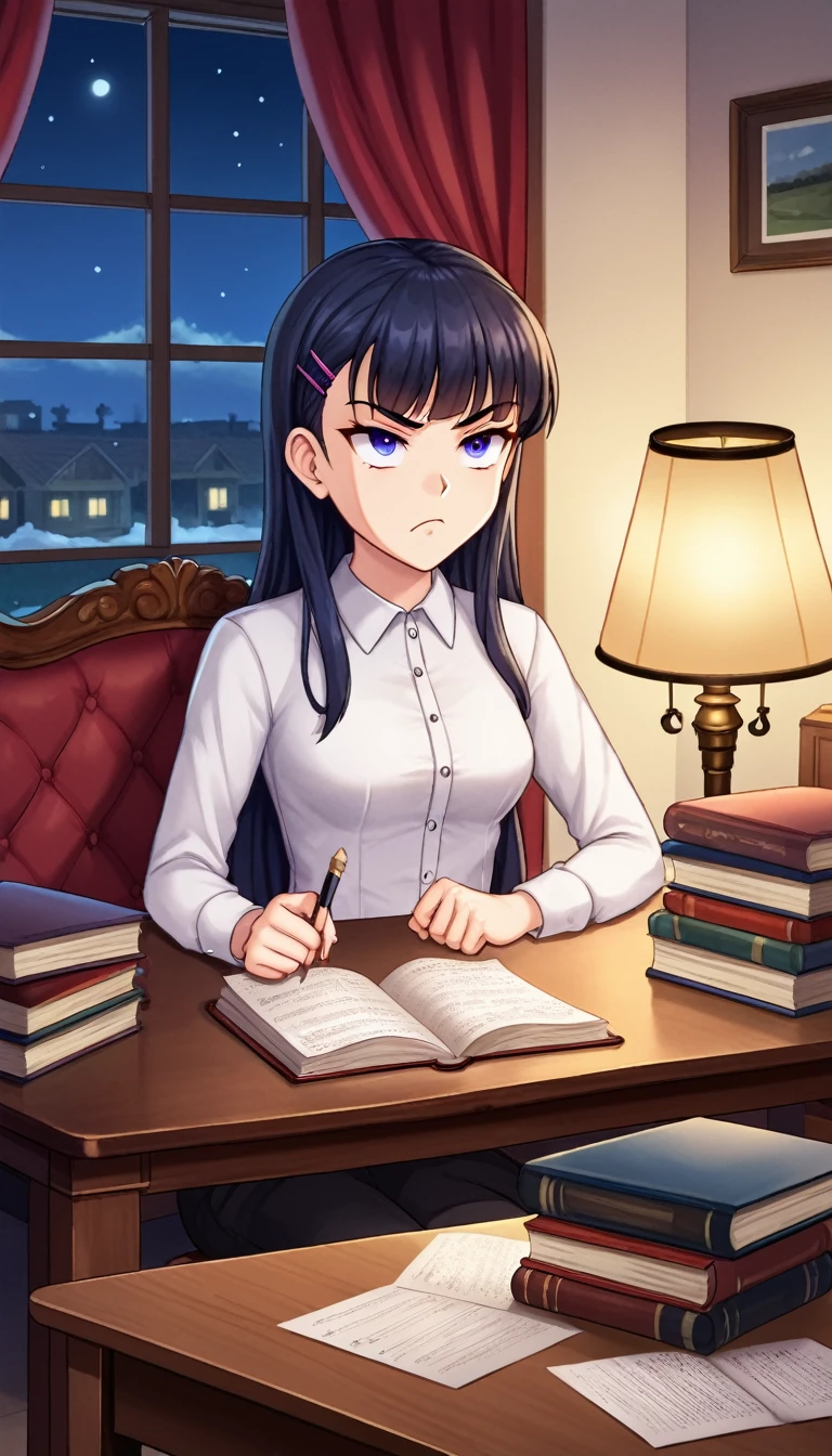 A young woman sitting at the study table at night, surrounded by stacks of books and notes. The light from a desk lamp illuminates her determined face as she writes intensely. There's a coffee mug next to her, indicating that she is fighting sleep