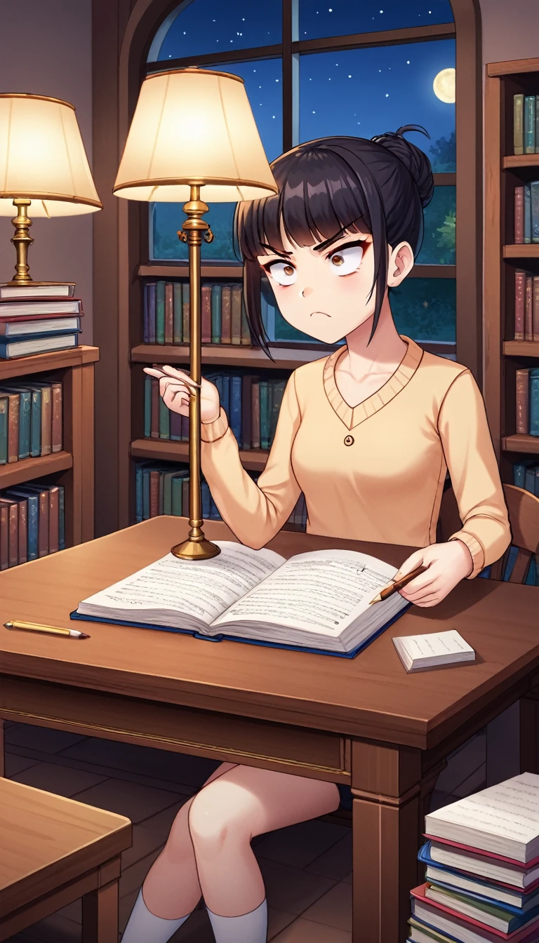 A young woman sitting at the study table at night, surrounded by stacks of books and notes. The light from a desk lamp illuminates her determined face as she writes intensely. There's a coffee mug next to her, indicating that she is fighting sleep
