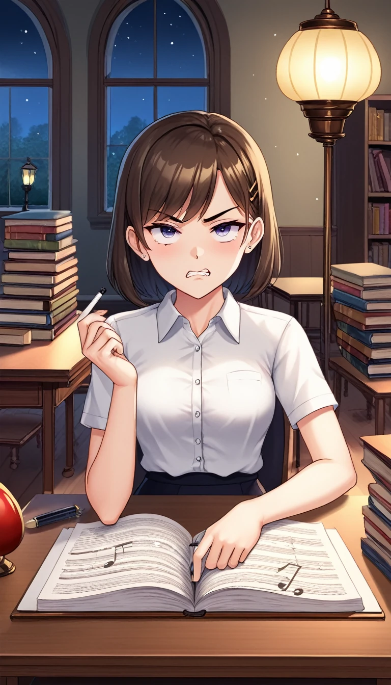 A young woman sitting at the study table at night, surrounded by stacks of books and notes. The light from a desk lamp illuminates her determined face as she writes intensely. There's a coffee mug next to her, indicating that she is fighting sleep