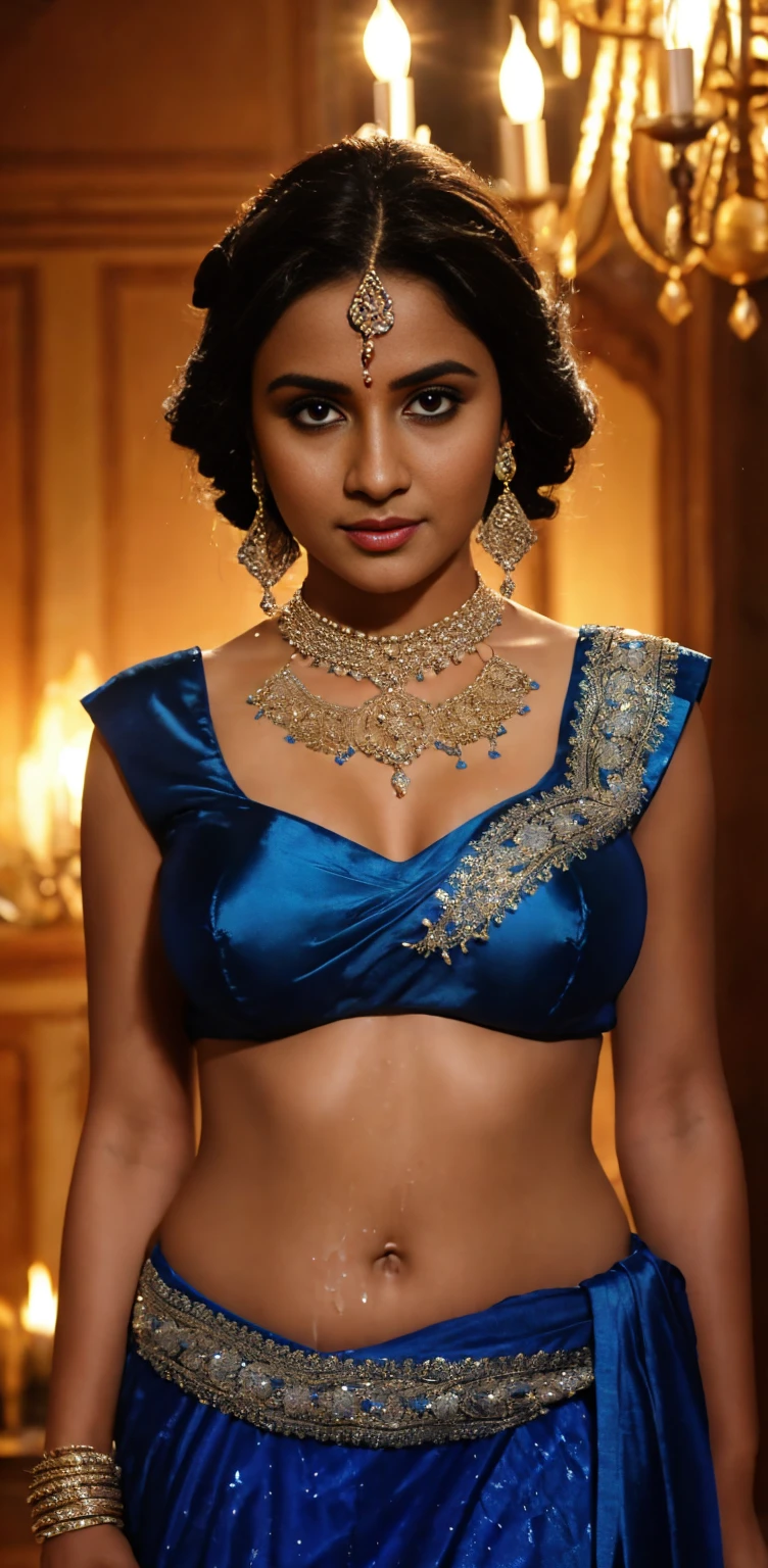 a close up of a woman in a blue dress standing in front of a chandelier, intricate sparkling atmosphere, movie screen shot, beautiful lighting effects, still shot from movie, stunning cinematography, shot from movie, beaded curtains, movie filmstill, still from a terence malik film, cinematic shot!, beautiful cinematography, visually stunning scene, glowing drapes, movie screenshot, lehenga with choli,blue transparent dupatta(chunni )on head, large breasts, Big , sexy figure, sexy stomach showing, in Firstnight of marriage bedroom,too much cum on her face, cum facial, cum shot on face,