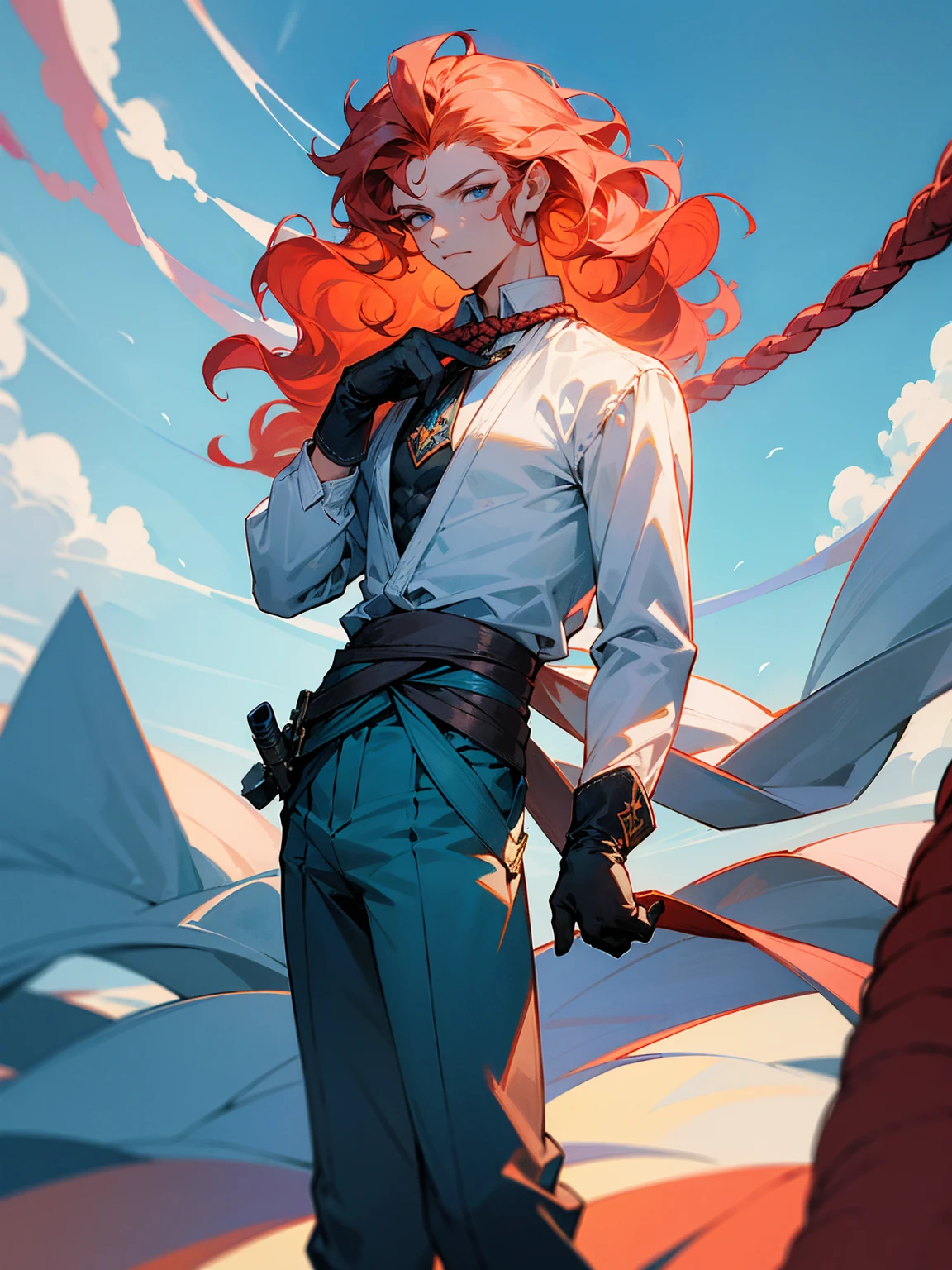 1male, young, coral hair, wavy hair, vergil hair, white long sleeve shirt, sky blue baggy pants, rope tied around waist, black gloves,