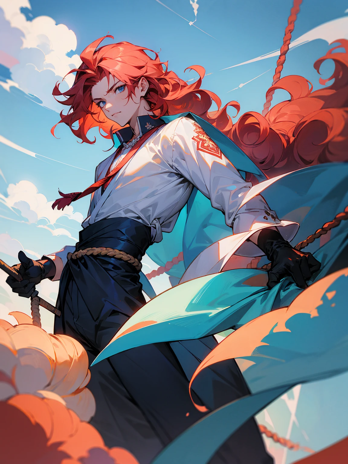 1male, young, coral hair, wavy hair, vergil hair, white long sleeve shirt, sky blue baggy pants, rope tied around waist, black gloves, 