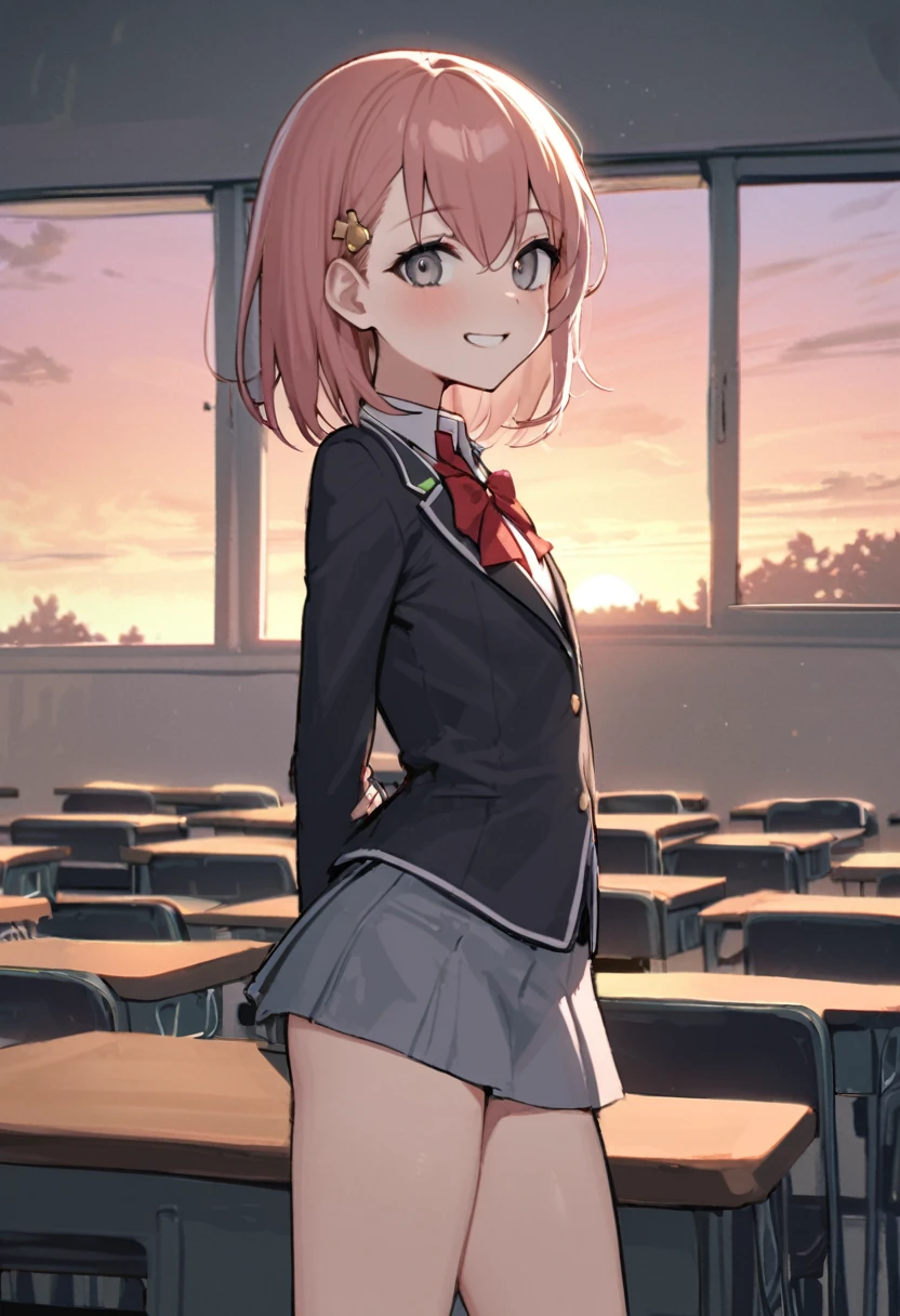 masterpiece, Highest quality, Artist:Healthy people, Artist:Akipeko, Artist:Aak, Artist:Shincos, Artist:Dead Noodle, One girl, skinny, Hanazato Minori, Grey Eyes, hair ornaments, classroom, Silver Seraph, smile, Red bow tie, Are standing, Put your arms behind your back, Grin, window, sunset, View your viewers, mini skirt, From the side,