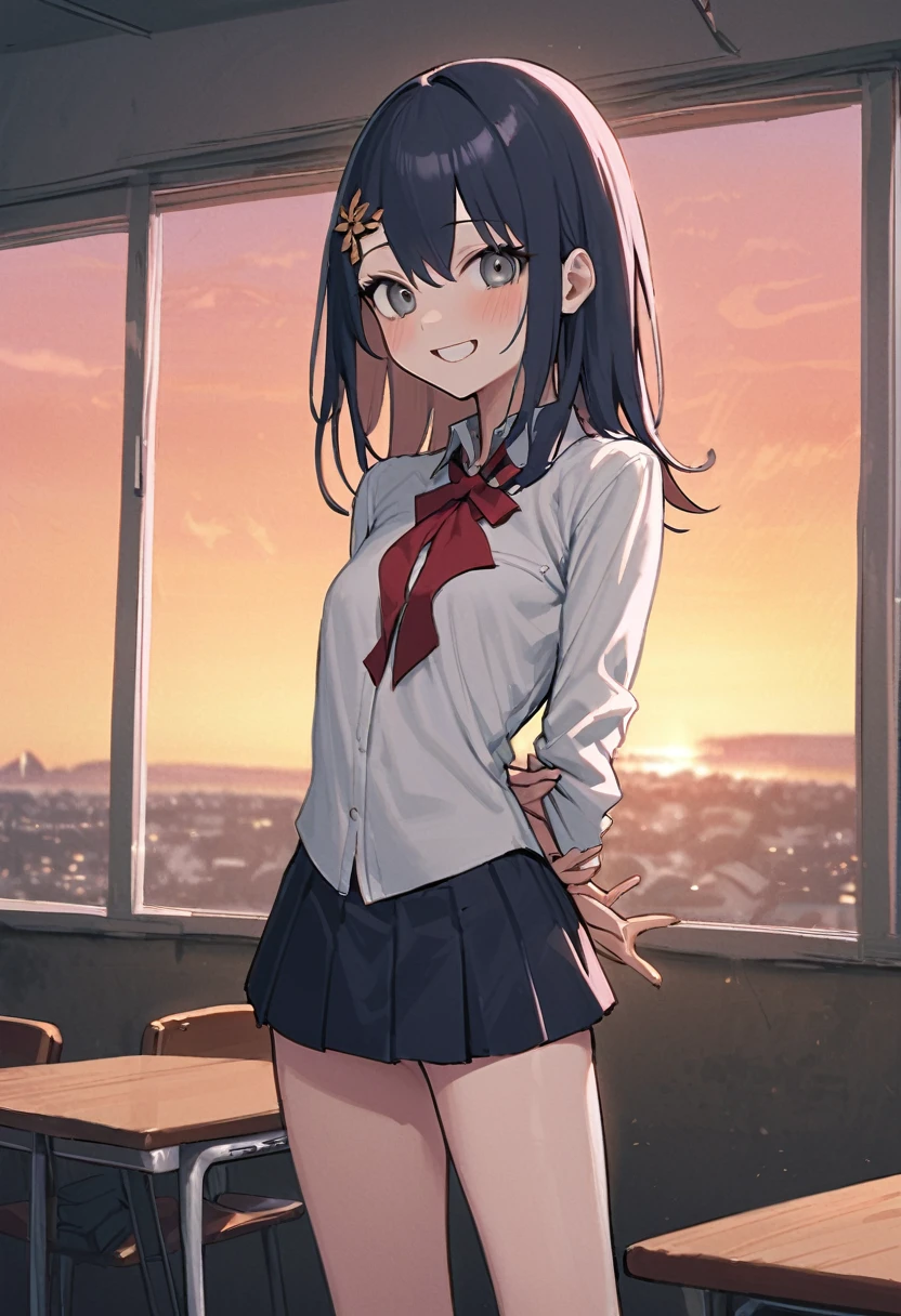 masterpiece, Highest quality, Artist:Healthy people, Artist:Akipeko, Artist:Aak, Artist:Shincos, Artist:Dead Noodle, One girl, skinny, Hanazato Minori, Grey Eyes, hair ornaments, classroom, Silver Seraph, smile, Red bow tie, Are standing, Put your arms behind your back, Grin, window, sunset, View your viewers, mini skirt, From the side,