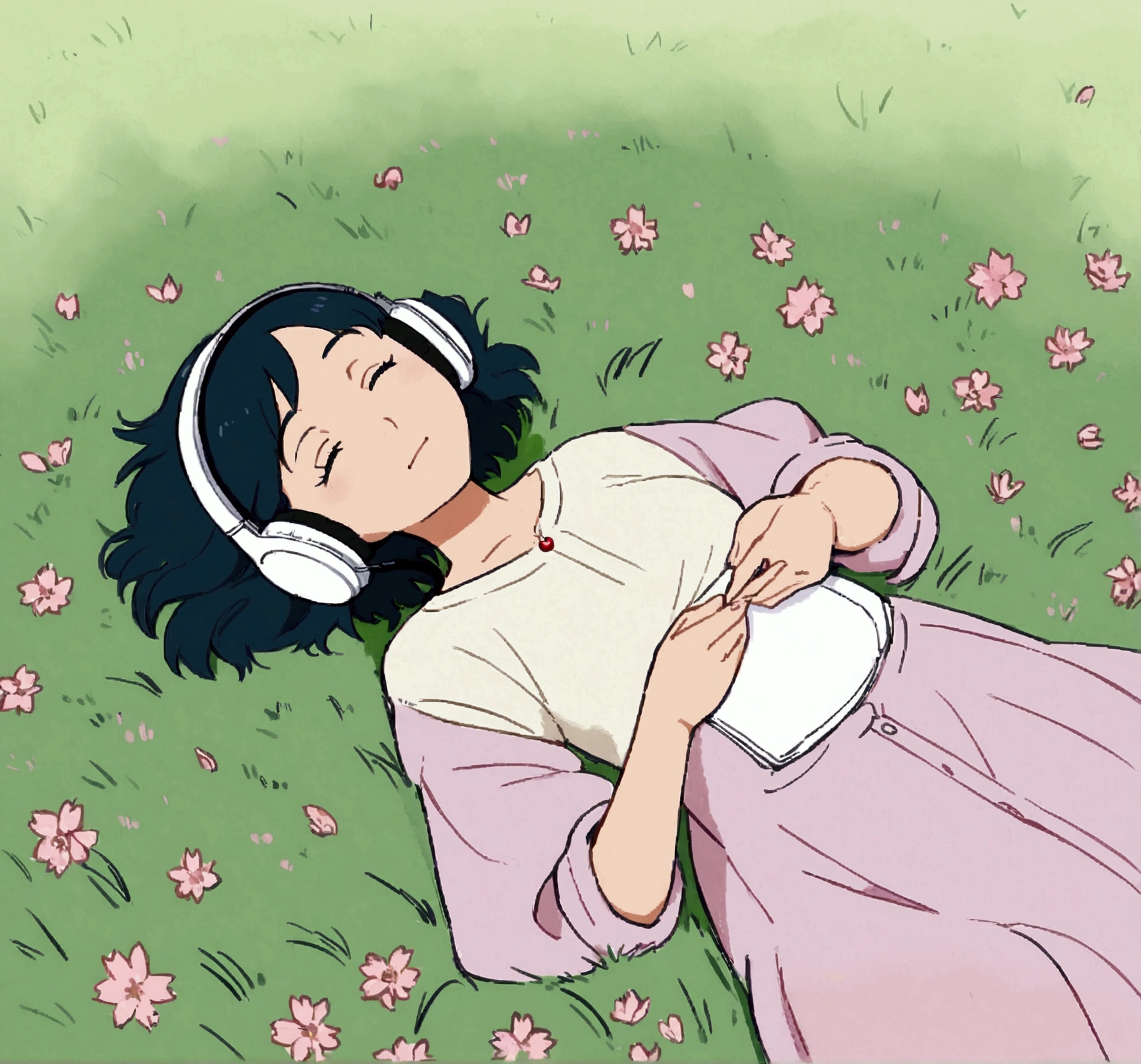 a cute girl lying on the grass in a meadow full of beautiful flowers, under cherry blossom tree, cherry blossom leaves falling, (medium grass:1.3), wireless headphone, simple, drawing, listening to music, Studio Ghibli style, grass sway to the side, ghibli studio inspired, whimsical, airy, calm, serene, chill, ghibli, anime, ethereal