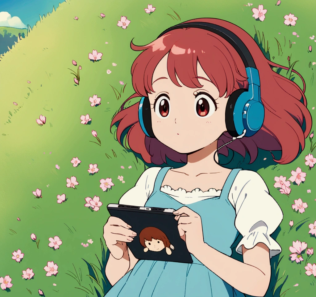 a cute girl lying on the grass in a meadow full of beautiful flowers, under cherry blossom tree, cherry blossom leaves falling, (medium grass:1.3), wireless headphone, simple, drawing, listening to music, Studio Ghibli style, grass sway to the side, ghibli studio inspired, whimsical, airy, calm, serene, chill, ghibli, anime, ethereal