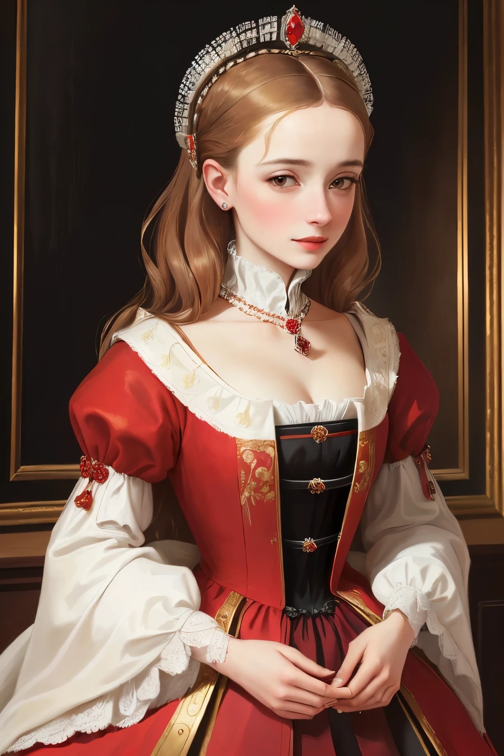 a painting of a woman in a red dress with a white collar, portrait of a queen, 1 7 th century duchess, as an elegant noblewoman, inspired by Sofonisba Anguissola, 1500s oil portrait, wearing elegant tudor clothes, by Sofonisba Anguissola, painted in 1530, inspired by Eleanor Vere Boyle