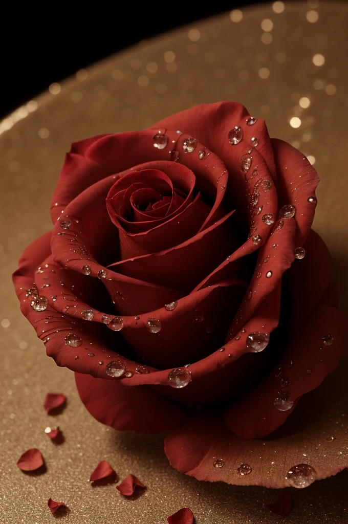 Macro Photography,a rose,shining starlight,Simple background,Dark background,Extreme Detail,UHD,8K,Studio Lighting,Professional Photography,fine art,water droplets on rose petals,