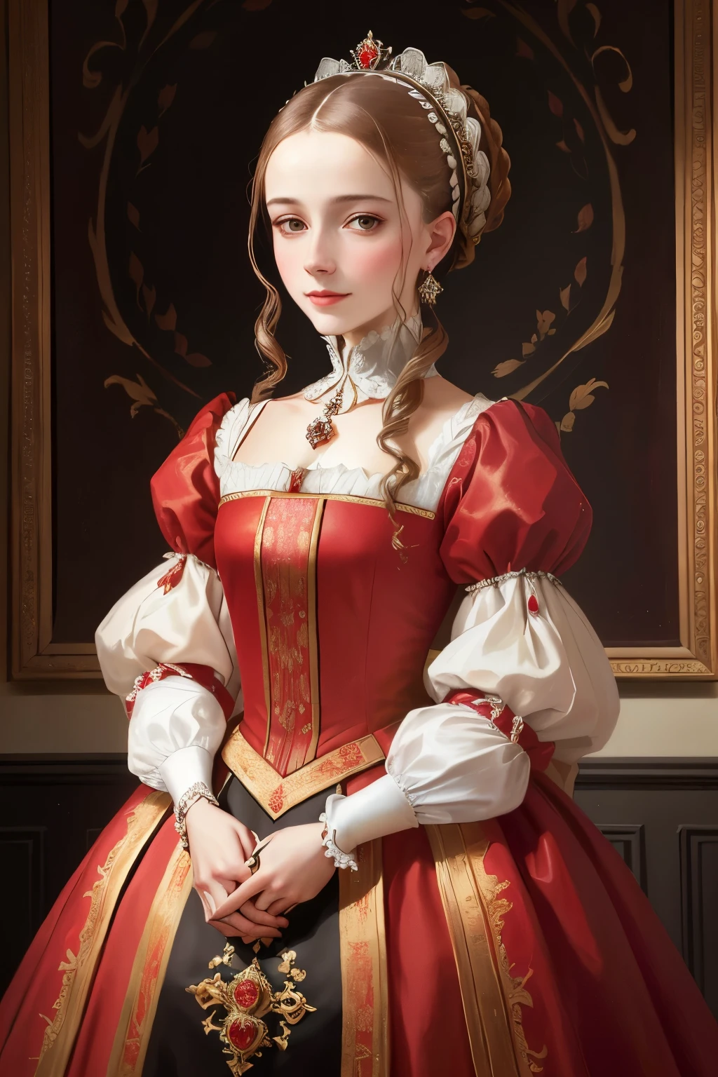 a painting of a woman in a red dress with a white collar, portrait of a queen, 1 7 th century duchess, as an elegant noblewoman, inspired by Sofonisba Anguissola, 1500s oil portrait, wearing elegant tudor clothes, by Sofonisba Anguissola, painted in 1530, inspired by Eleanor Vere Boyle