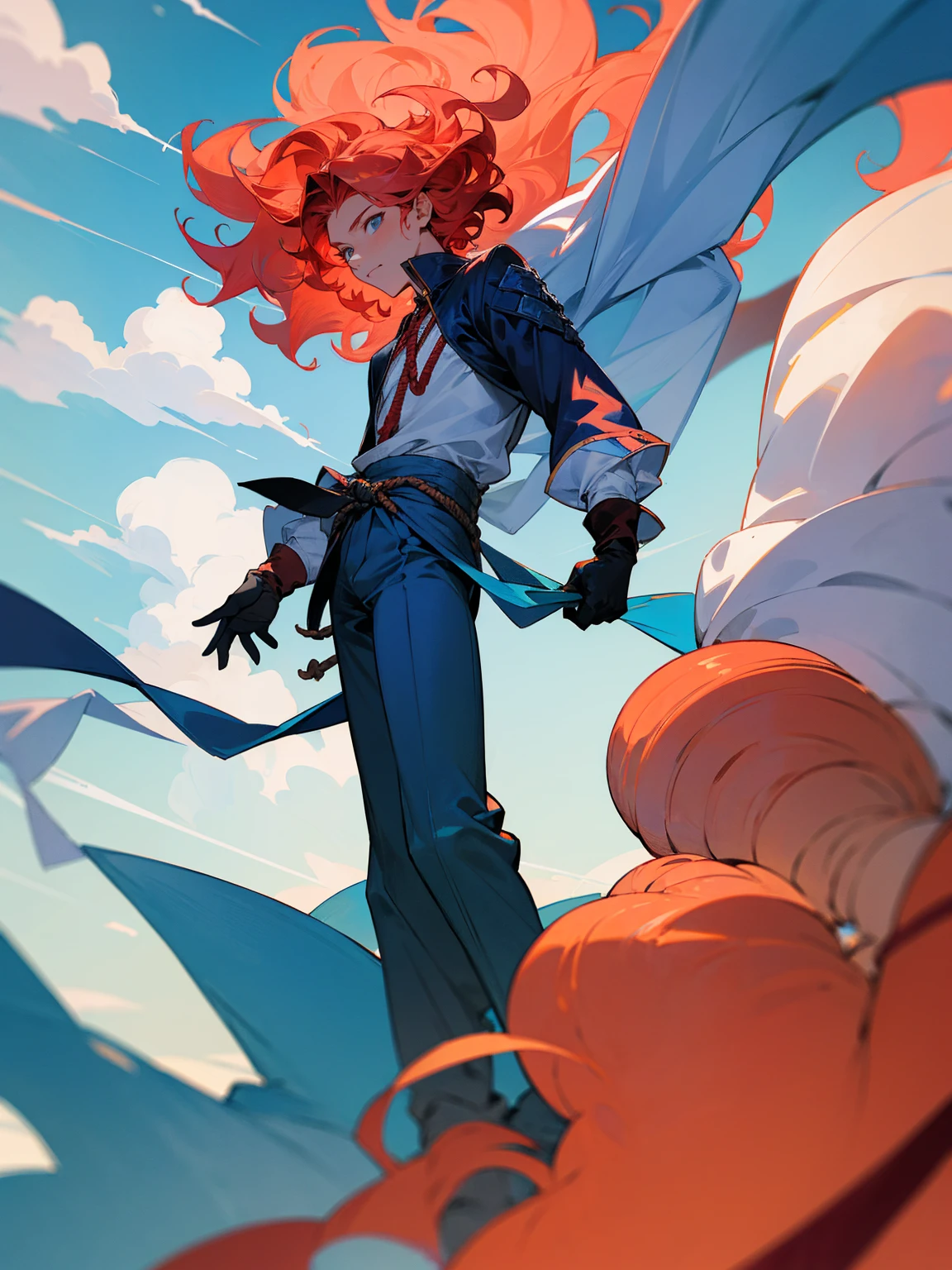 1male, teen, coral hair, wavy hair, vergil hair, white long sleeve shirt, sky blue baggy pants, rope tied around waist, black gloves,
