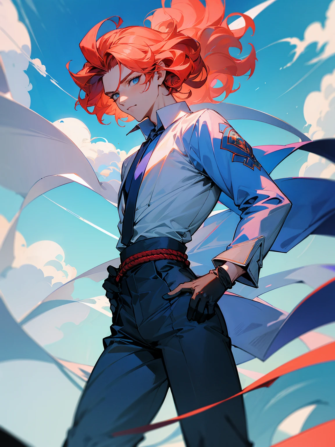 1male, teen, coral hair, wavy hair, vergil hair, white long sleeve shirt, sky blue baggy pants, rope tied around waist, black gloves,