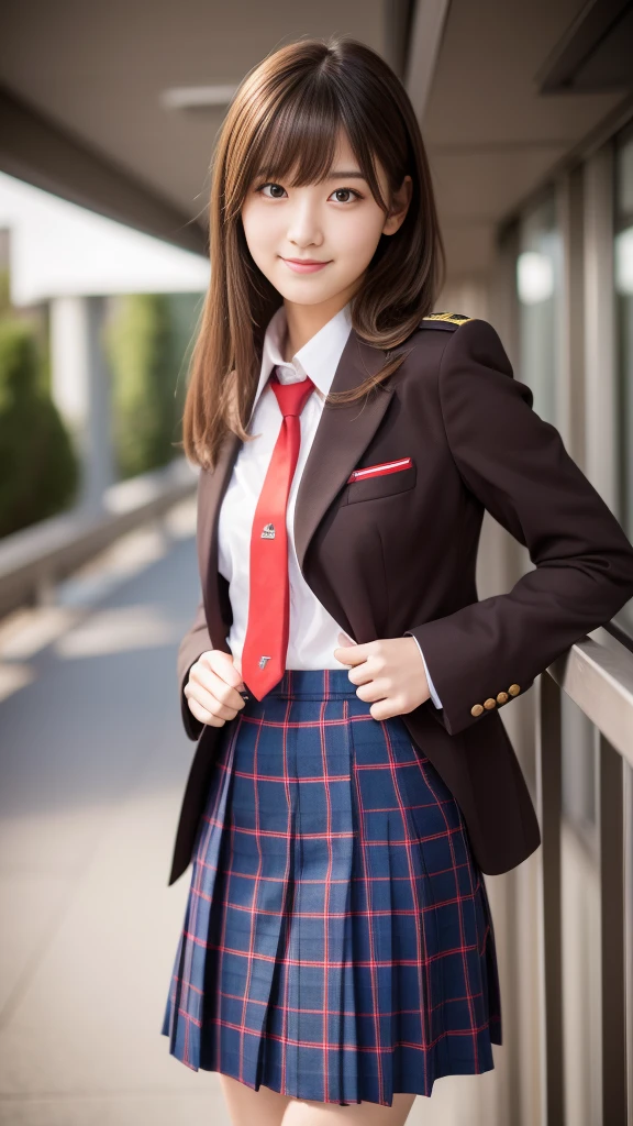 Ultra-high resolution, Superior Quality, Highest quality, Very detailed, Realistic, 8k, RAW Photos, Highest quality, masterpiece, Attractive girl, Awesome girl, Brown Hair, Shoulder-length layers, 非対称のbangs, K-POPアイドル, Sophisticated, stylish, Shibuya Ward, ((masterpiece)),(((Highest quality))),Thin thighs,Long legs,Girl standing in school corridor,Red Tie Uniform,Dark Blue Blazer,Blue plaid skirt,18-year-old,bangs,A small smile,Random Pause,pretty girl,Slender girl,