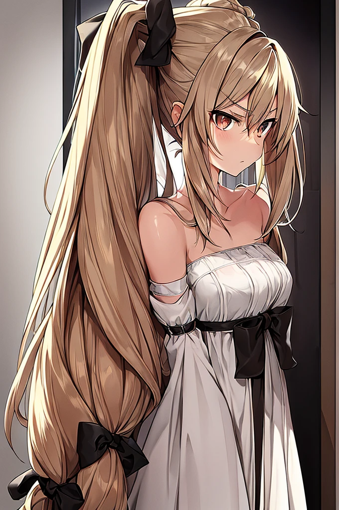 Masterpiece, best quality, girl noir style, beige skin, hairy skin, beige hair on the skin, brown eyes, long beige hair combed, hair up, white dress, black bow, determined look, look forward, serious, hairy skin . hairy face, noir style, hair up.