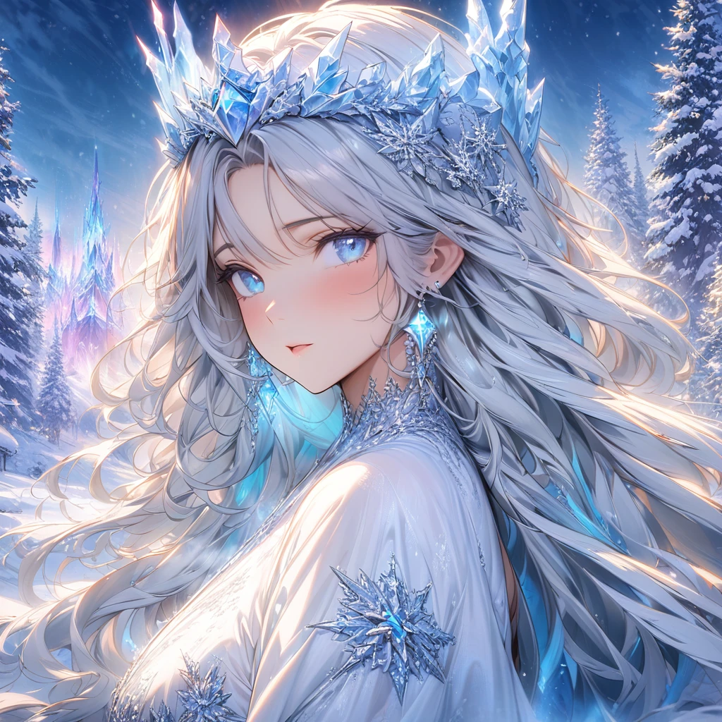 (masterpiece), best quality, expressive eyes, perfect face,(best quality,4k,8k,highres,masterpiece:1.2),ultra-detailed,snowy landscape,ice princess,mature woman,wavy hair,blue eyes,sparkling snowflakes,moonlit night,crystal crown,icy breath,frosty lashes,glistening skin,ethereal beauty,frozen eyelashes,illuminated ice sculptures,snow-covered trees,shimmering aurora borealis,quiet footsteps on the snow,serene expression,icy blue gown,glowing snow,land of tranquility,subtle winter colors,subzero temperatures,gusts of wind,deep serenity,enchanted winter kingdom