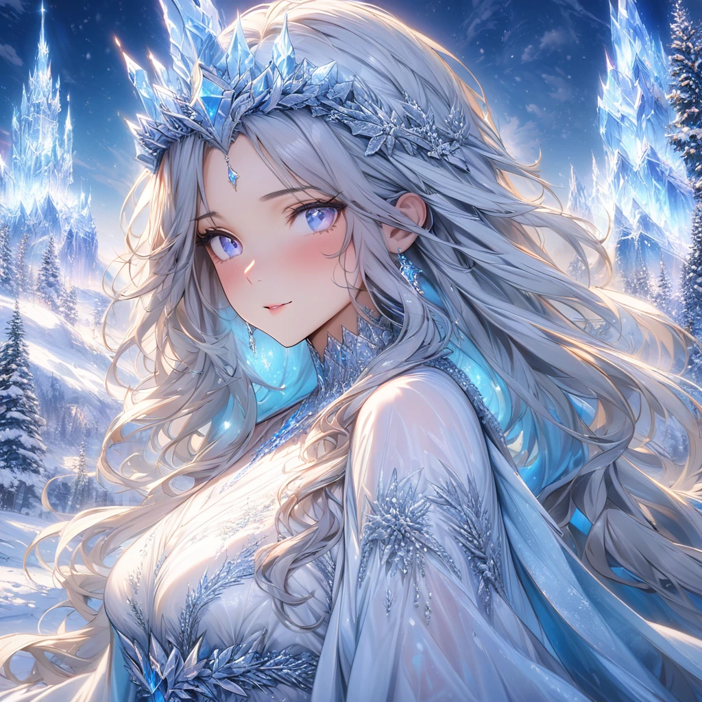 (masterpiece), best quality, expressive eyes, perfect face,(best quality,4k,8k,highres,masterpiece:1.2),ultra-detailed,snowy landscape,ice princess,mature woman,wavy hair,blue eyes,sparkling snowflakes,moonlit night,crystal crown,icy breath,frosty lashes,glistening skin,ethereal beauty,frozen eyelashes,illuminated ice sculptures,snow-covered trees,shimmering aurora borealis,quiet footsteps on the snow,serene expression,icy blue gown,glowing snow,land of tranquility,subtle winter colors,subzero temperatures,gusts of wind,deep serenity,enchanted winter kingdom
